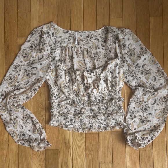Free people new Beige combo Women's Floral Long Sleeve blouse ret:$98 sz S - Picture 2 of 10